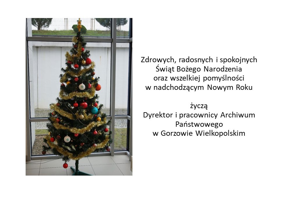 Obrazek przedstawiający ozdobioną choinkę. Po prawej życzenia świąteczne. Treść w artykule