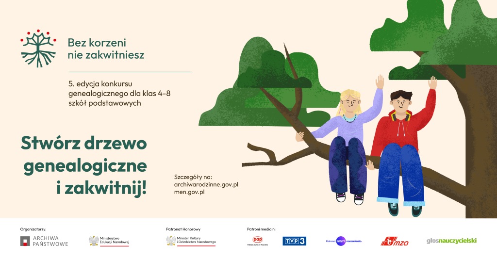 Grafika Konkursu "Bez korzeni nie zakwitniesz" Rysunek dwójki dzieci siedzących na drzewie.